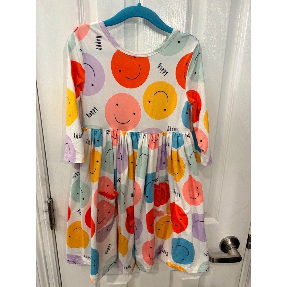 Mila & Rose Twirl Dress White Multicolor Smiley Face Happy Pockets Kids 5-6